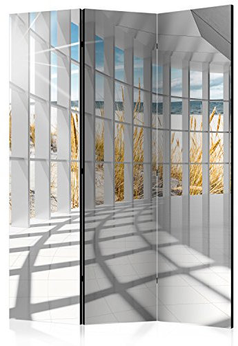 RAUMTEILER/PARAVENT B&D XXL - Paravent Raumteiler Innen 3D Optik Korridor Meer Strand 135x172 cm 3-teilig Einseitig Raumtrenner Raum Trennwand Holz Room Divider Spanische Wand Raum grau beige