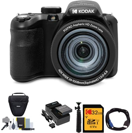 KODAK PIXPRO AZ425 - Fotocamera digitale Astro Zoom da 20 MP, con scheda SD da 32 GB, custodia e kit di accessori, batteria e caricabatterie, cavo e treppiede (6 pezzi)