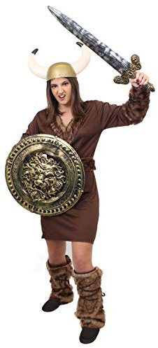 DAMER VIKANDE FANCY KLÄNNING KOSTUME – BRUN TUNIKA + GULD VIKANDE HELMET + SÖRD + SKYDD (X-Large)