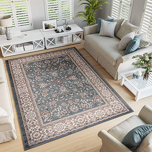 TAPISO Colorado Teppich Kurzflor Hellblau Beige Grau Floral 160 x 220 cm | strapzierfähiger Teppich Wohnzimmer Klassisch Orientalisch Ornament Muster Orientteppich OEKO-TEX