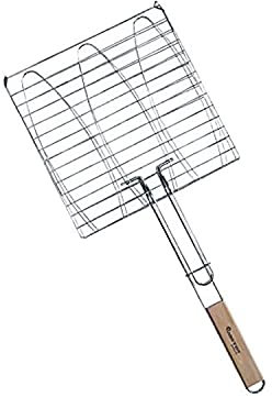 4U-Onlinehandel Tocco Griglia per pesce 28 x 28 cm Fischgriller Cesto pesce Pinza Grill Grill Paletta Pesce titolare griglia con manico in legno acciaio cromato