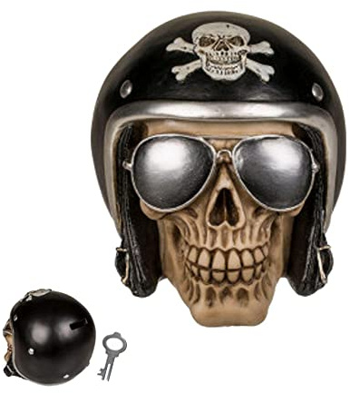 OOTB Spardose Totenkopf mit Sonnenbrille und Motorradhelm, Schwarz, Weiß, One Size | Abschließbar mit Schlüssel – coole Biker-Deko für Erwachsene – Skull Sparbüchse