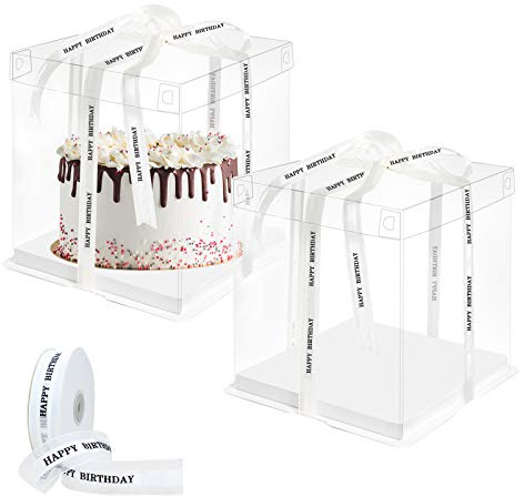 2 scatole trasparenti per torte 8 Inch Scatola torta trasparente in plastica con nastro di HAPPY BIRTHDAY 8 pollici Scatola per torta a doppio strato confezione da regalo per dessert 26 x 26 x 25 cm