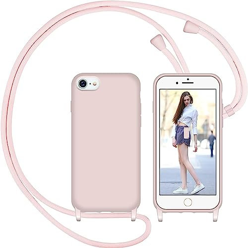 Nupcknn Coque avec Cordon pour iPhone 7/iPhone 8/iPhone SE 2020, Liquide Silicone Coque Collier Réglable Téléphone Étui Portable Lanyard Case Protection Complète Cover（Or Rose）
