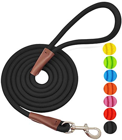 MayPaw 4/6/8/10 FT Dog Lead, Classic Solid Colours, Strong Nylon Rope Dog Lead Reinforced with Leather Tailor Connection Heavy Duty Silver Clasp (6ft*1/2, Black)