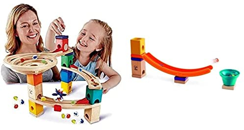 Hape E6021 Starter Set Quadrilla, Kugelbahn mit 27 Bauteilen aus Holz und 30 Murmeln, ab 4 Jahren & Hape E6023 - Mega Skatepark, Zubehör für Quadrilla Kugelbahnen, Murmel-Sprungchance