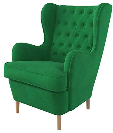 Furninero - Ohrensessel, Flügelstuhl, Flügel Sessel, tiefer gepolsterter, Chesterfield-Stil, gerundete Beine, Majestic Velvet Green Stoff (Fleckenresistent/Licht zu reinigende), Grün