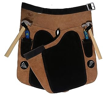 Equine Care Farrier förkläde 2 knivfickor, 2 spikmagneter och 2 hammarögla hästskor läder chaps 23 tum- 59 cm, Svart och beige