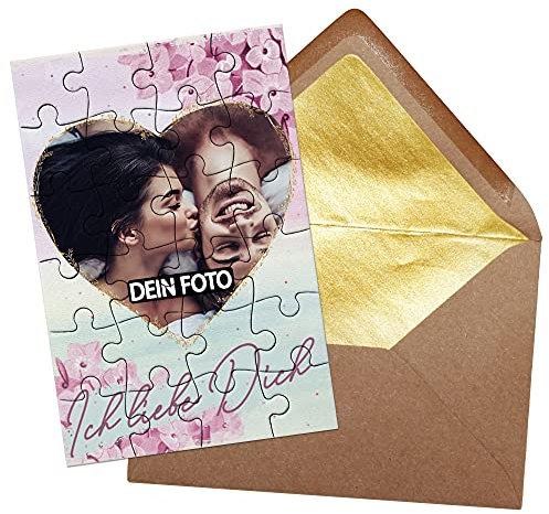 Foto-Puzzle mit Herz-Motiv - Ich Liebe Dich - inkl. Briefumschlag mit Gold-Inlay - Geschenk für Paare, Liebe, Valentinstag - mit EINEM Bild Bedrucken Lassen - 24 Teile - 24 Teile