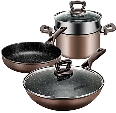 GLJAN Kochgeschirr-Set Pfannen- und Topfset 3-teilig, Suppentopf, Sauteuse, Kasserolle, Glasdeckel | Induktion | Antihaft (Color : Brass, Size : 3 Piece Set)