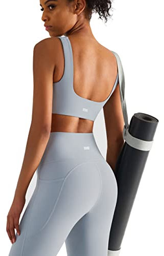 Sport Leggings Damen High Waist mit Buachkontrolle, Lycra® Spandex bietet Figure Shaping Stretch Atmungsaktiv, Yogahosen mit Tasche, Blickdicht Fitness Bekleidung Set für Workout-Grau-M