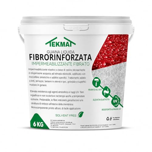 Guaina Liquida Impermeabilizzante Fibrorinforzata TEKMAT 6 kg – Membrana Elastica Calpestabile Resistente UV per Terrazzi, Tetti, Balconi, Lamiere – Monocomponente Pronta all'Uso (6 kg, Rosso)