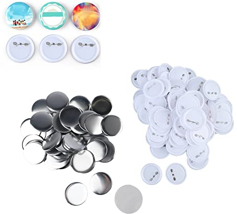 100 Sätze 58mm/2.25 Zoll Abzeichen Pin Button Teile für Button Maker Maschine, Runde Abzeichen Blanko Knopfstifte Inklusive Metallabdeckung, Plastik Stiftrücken, Plastikfolie