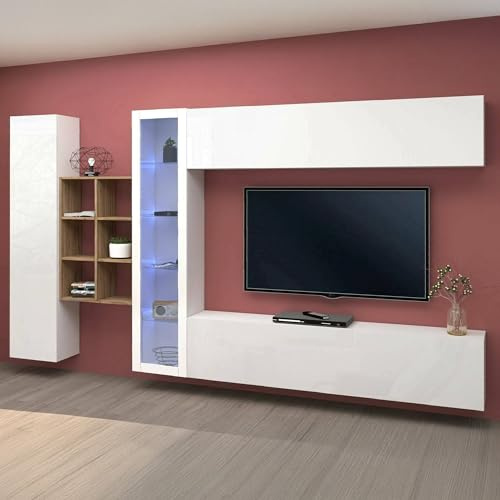 Dmora - Élément Mural Dino, Meuble TV 4 Portes, Meuble de Salon Polyvalent avec vitrine et lumière LED, 100% Made in Italy, 280x30h180 cm, Blanc Brillant et érable