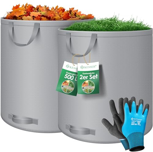 KESSER® Set de 2 Sacs de Jardin 500L - Sacs à Feuilles et Déchets Verts Avec Gants - Autonome, 4 Poignées, Stable, Robuste, Pliable - Pour Tonte de Gazon et Déchets - Gris