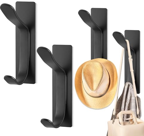 4Pcs Porte Manteau Mural sans Percage, Noir Crochet Mural Solides, Accroche Serviette Salle de Bain Inoxydable, Conception à Double Crochet Porte Manteau, Patere Salle de Bain pour Manteau Serviette