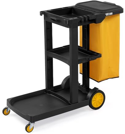 TUFFIOM Commercial Traditional Cleaning 3-Shelf Janitorial Cart, 500 Lbs Capacity Housekeeping Cart, Wheeled with Yellow VinylBag and Cover w Lid, Black,