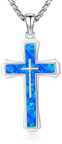 TRISHULA Blaue Opal Kreuzkette für Frauen Männer 925 Sterling Silber Kreuz Anhänger Blaue Opal Halskette Christliche Halskette Religiöse Schmuck Geschenke für Amulett Talisman