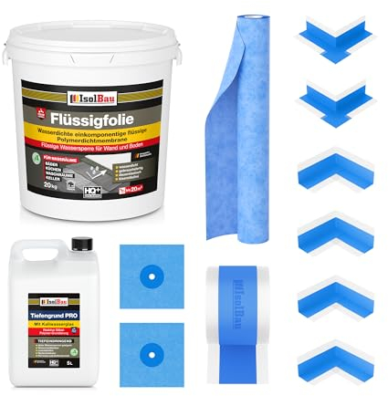 Isolbau Dicht-Set - Inkl. 1x Flüssigfolie (20 kg), 1x Tiefengrund PRO (5 L), 1x Dichtband (20 m), 1x Dichtbahn (3 m), 4x Innenecken, 2x Außenecken & 2x Manschetten