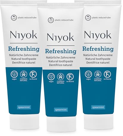 Niyok Refreshing Zahncreme Spearmint 3 x 75 ml | Fluoridfreie Zahnpasta mit Kreide und Xylit für ein frisches Mundgefühl