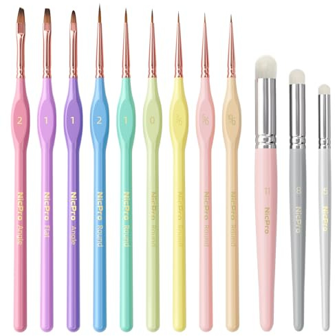 Nicpro 12 Pastell Feine Pinsel, Drybrush, Modellbau Pinsel für Acryl, Aquarellfarben, Detailpinsel und Dry Brush Set für Miniaturmalerei, Modell, Malen nach Zahlen, Schulmalpinsel