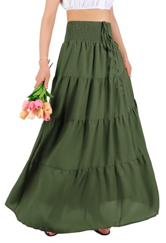 MYSSUCI Jupe Longue Femme de Taille Haute Elastique Maxi Jupe Ete A-Ligne 2 en 1 Jupe Boheme pour Décontractée Vacances L'été et la Plage(Vert Armée,L)