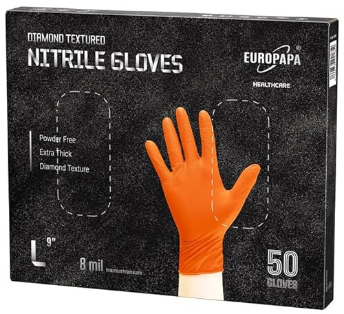 EUROPAPA® 50x extra Dicke Nitrilhandschuhe DiamantGrip Diamant Perfect Grip Einweghandschuhe Montageschutzhandschuhe puderfreier latexfreier Arbeitshandschuhe (8 mil, Orange, L)