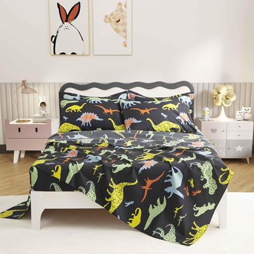 SDY 4 Pieces Dinosaur Sheets Queen, Soft Dinosaur Microfiber Bed Sheets for Boys, Girls, Kids and Toddler, Bed in A Bag with 1 FittedSheet+ 1 Top FlatSheet + 2 Pillowcases