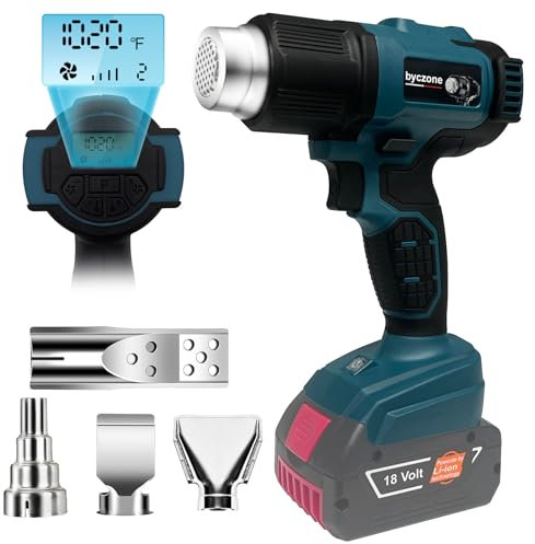 bycpower Heißluftgebläse für Bosch Professional 18V System Akku, 1022 ℉ schnell aufheizende Löt-Heißluftpistole mit LCD-Digitalanzeige für Schrumpffolie, Elektronik, Harz