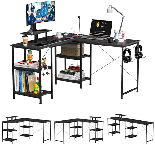 Bureau Gaming en L, Bureau D'Angle Gaming avec Rangement, Angle Réversible Table Forme L Bureau, Bureau Informatique Angle avec 2 Prises et 2 Ports USB et Support pour écran,130-130x50x75cm (Type L)