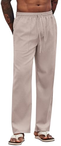 COOFANDY Hosen Herren mit Gummizug Leichte Sommerhose Lang Freizeithose Seniorenhose mit Kordelzug Schlupfhosen Strandhose Yogahose Herrenhosen Stoffhose Khaki L