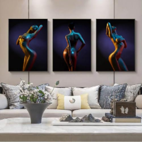 ADOHOME Goldene und sexy nackte afrikanische Frauen Leinwand Gemälde Figur Poster und Drucke Wandbilder Wohnzimmer Wohnkultur 40 x 60 cm x 3 rahmenlos