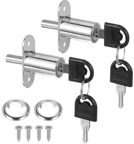 sourcing map Push Plunger Lock with Keys & Screws & Locking Ring 3/4 Cylinder Diameter, Keyed Different 1-1/4 Cylinder Length for Window Barn Drawer Cabinet (Pack of 2, Silver)