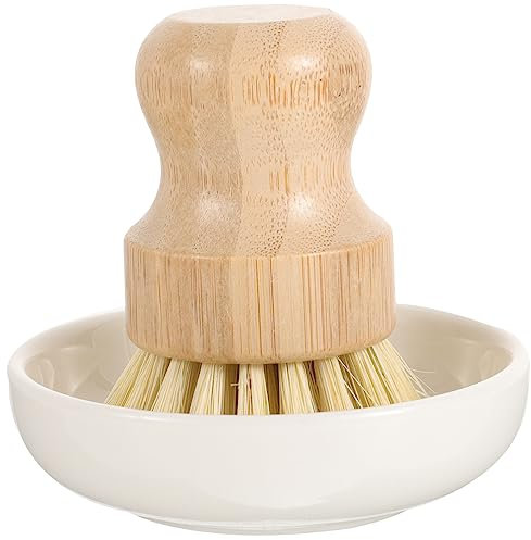 Ciieeo Kitchen Cleaning Brush Set with Bamboo Fiber Pot Scrubber and Ceramic Drain Dish Base Palm Dish Washing Brush for Cookware Compatible for Kitchen Sink Cleaning