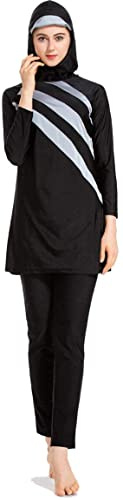 Muslim Swimwear for Women Modest Swimsuit Burkini Top Pants Hijab 3 Pieces Full Cover Swimming Islamic Bathing Suit Middle East UV Protection Rash Guard Surfing Beachwear Black Grey