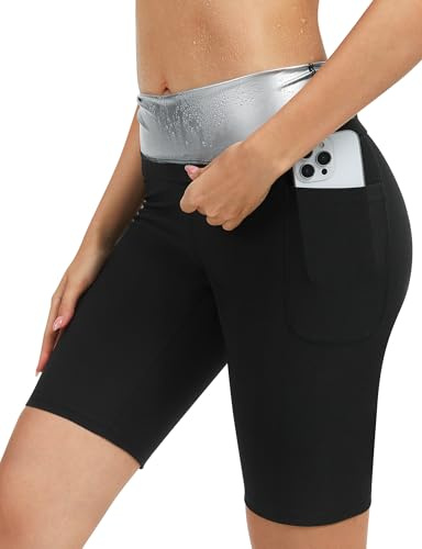 Kiiwah Bastubyxor för kvinnor för bantning, smala leggings med ficka håller svett varma leggings bastueffekt svettshorts för sport, yoga, fitness, Svart, S