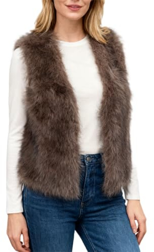 Amazhiyu Gilet da donna in finta pelliccia, senza maniche, soffice, invernale, primaverile, casual, aperto sul davanti, gilet peloso, gilet leggero, Marrone, S
