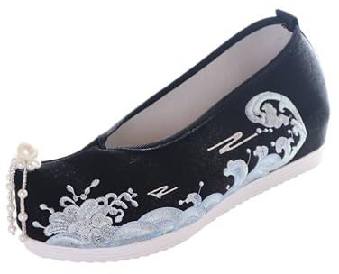 BJ-010 moln vågor broderade med pärlkedjor, vintage hampu kinesiskt tyg skor pumps ballerina platt, svart, svart, 41 EU smal