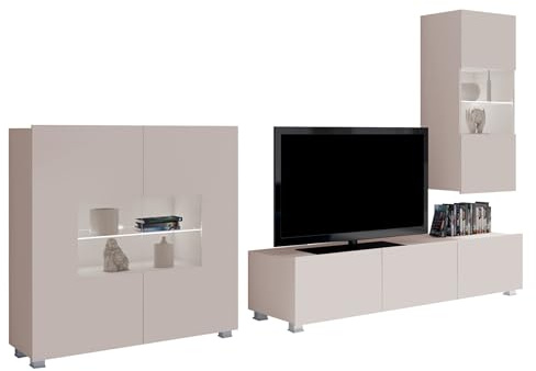 Mirjan24 Moderne Wohnwand Calabrini VII mit Kommode, Anbauwand, Mediawand, TV Lowboard, Hängevitrine, Wohnzimmerschrank, Fernsehschrank (mit weißer LED Beleuchtung, Cashmere)