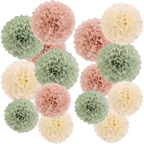 SUNBEAUTY Pompons Deko Salbeigrün Rosa Beige Seidenpapier Pompoms 15 Stück Grün Rosa Sage Green Papierblumen Pompons Geburtstagsdeko für Neutral Babyparty Brautparty Hochzeit Party Dekoration
