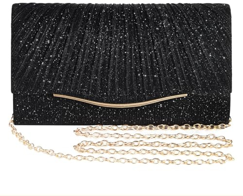 BellaBlend TELAIN Glitzernde Clutch Handtasche für Damen, Elegante Abendtasche für Hochzeit, Cocktail, Party & Festliche Anlässe, Mit Abnehmbarer Schulterkette, Vielseitig als Clutch (Schwarz)