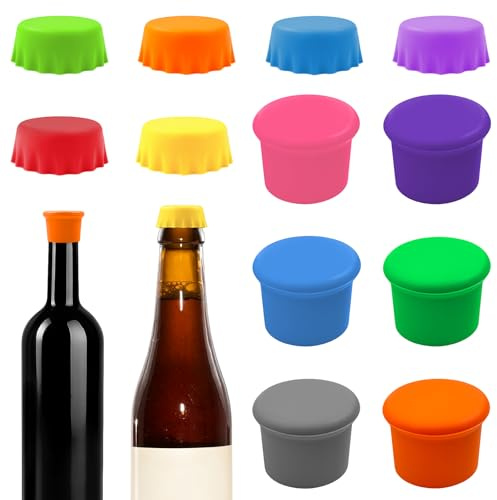 Minfuerang 12 Piezas Tapón para Botellas Silicona, Tapones de Silicona Reutilizables Para Vino y Cerveza para Vino, Cerveza y Zumo, Ideales para Acampadas, Bares y Fiestas (Multicolor)