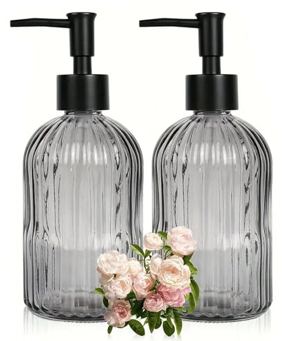 2 Stück Seifenspender Glas - 400ml Seifenspender Schwarz mit Matte Schwarze ABS-Pumpe Modern Gestreifter Spülmittelspender Küche Handseifenspender klassische Seifenflasche für Küche Bad Toilette Hotel