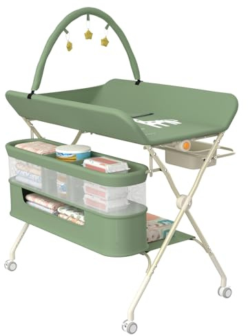 HUOLE 3 in 1 Wickeltisch klappbar, Mobile Wickelkommode mit Rollen, Wickelstation höhenverstellbar, tragbare Wickelauflage bis 25 kg Belastbar,75 x 68 x 83–91 cm (B) Grün