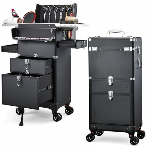 Yueieoun Salon Cart with 4 Drawers, Hair Stylist Cart with Wheels Portable Salon Station with Worktop Tray, Rolling Makeup Train Case Cosmetology Case for Barbering or Hairstyling Service