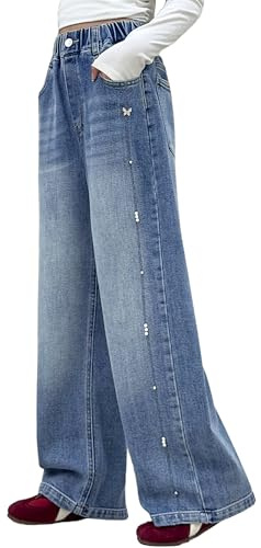 Rolanko Girls Baggy Jeans, High Elasticated Waist Wide Leg Loose Bootcut Denim Jeans Pants for Teens 6-15 Years
