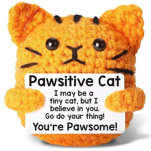 AURIXOEU Gatto Positive, Pocket Hug Gatto Positivo, Gadget Scrivania Carino Portafortuna, Animale all'Uncinetto, Regali Originali per Laurea, Collega, Sorella, Amica, Ufficio, l'Inizio della Scuola