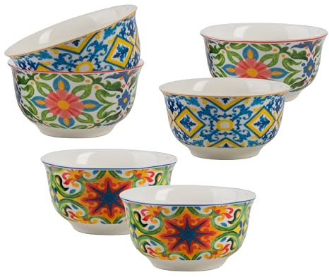 Baroni Home Set 6 Ciotole in Ceramica Decorazione Maioliche, Ø12 cm, Altezza 7 cm – Stile Maiolica Colorata, Perfette per Colazione, Snack, Dessert o Aperitivi