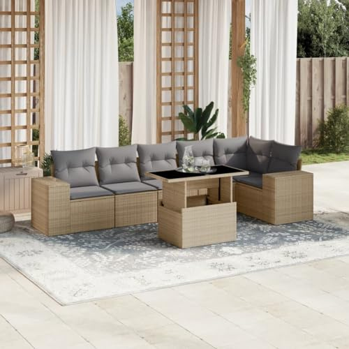 QJBSAVVA Salon de jardin 7 pièces en rotin synthétique, beige, 100 x 55 x 44/73 cm, avec table réglable en hauteur et coussin épais, groupe de sièges d'extérieur modulaire pour jardin, terrasse