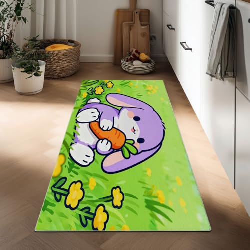 Generisch Cartoon Teppich Flur 40 x 120 cm Waschbar rutschfest, für Wohnzimmer Schlafzimmer Balkon LäUfer KüChe Esszimmer BüRo Teppichläufer Tier Kaninchen Gras Blumen Weicher Kurzflor Teppiche